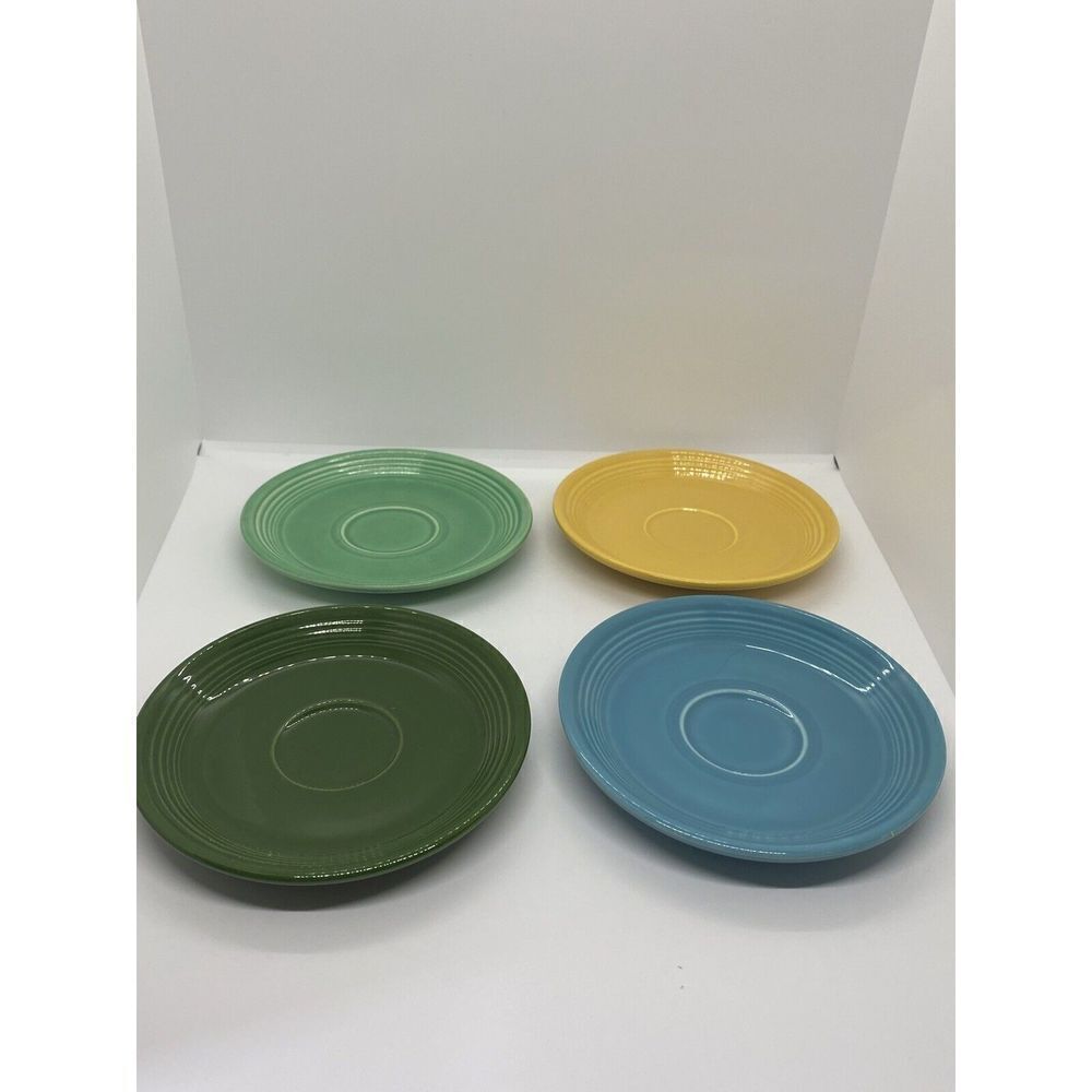 FiestaWare Multi Colored 6"Saucers Homer Laughlin (4) VTG Mint Blue Yellow GREEN